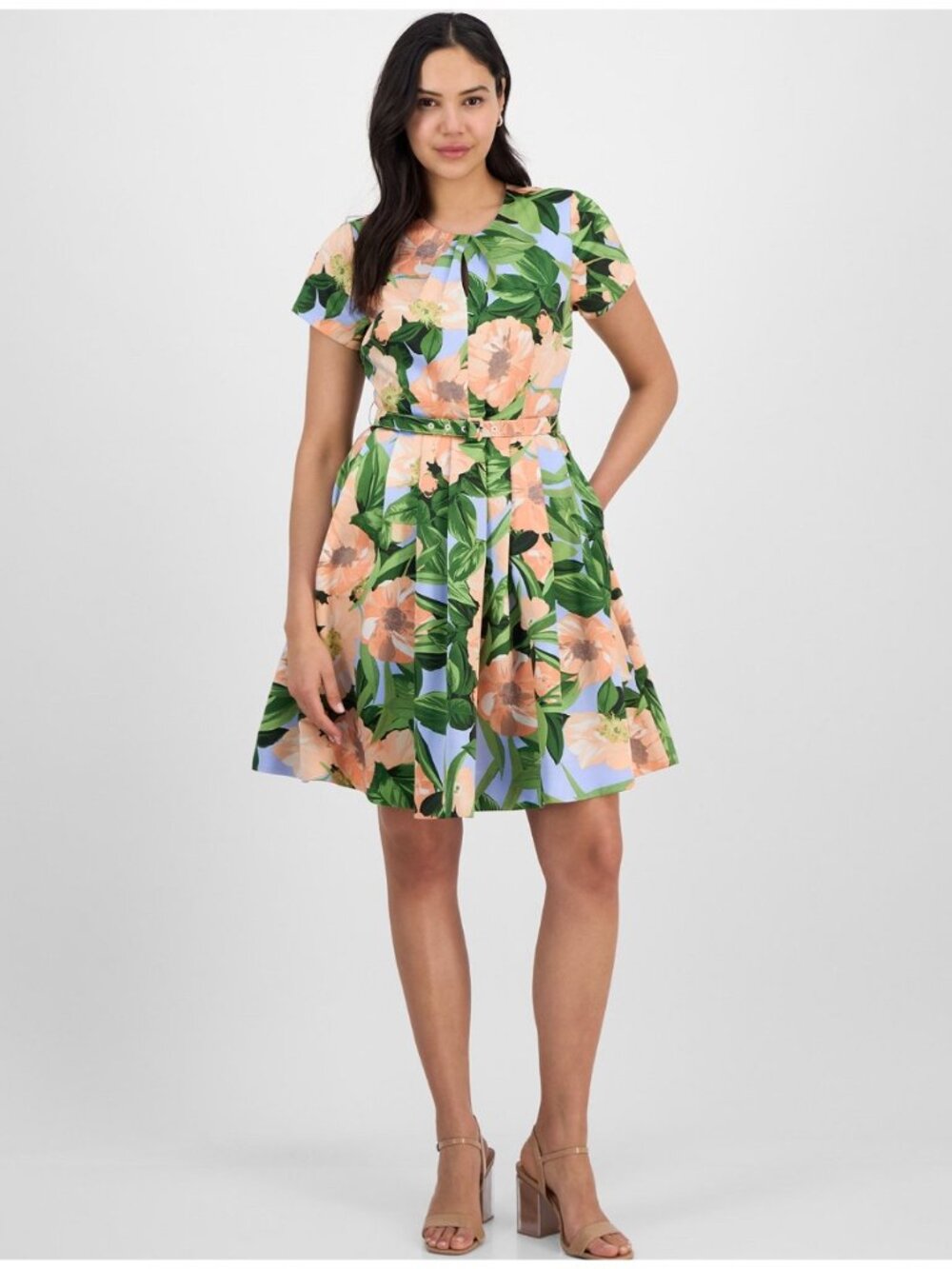 Tahari ASL Peach Magnolia Floral Pleated Fit & Flare Dress With Belt